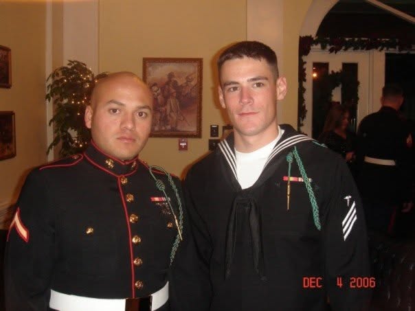 Mark Nicolas in Navy dress uniform beside PFC Mendoza before deployment in 2006