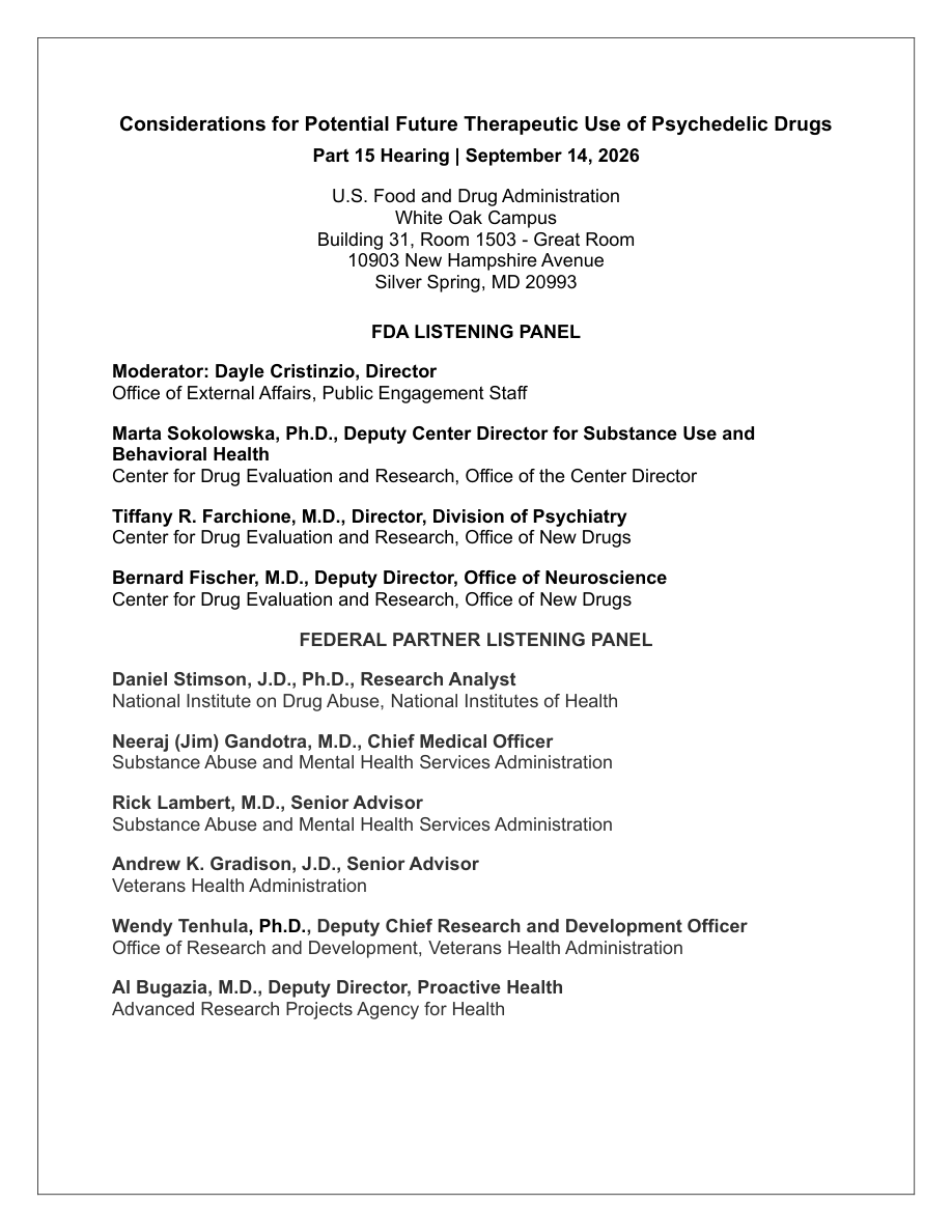 First page of FDA’s official September 14, 2026 hearing agenda, showing the hearing title, location, and listening panels